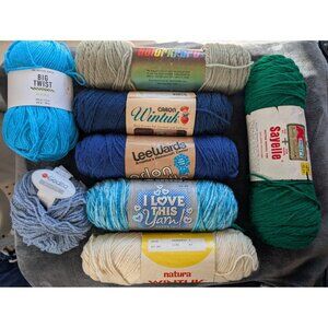 Lot of 8 Skeins Acrylic Worsted Weight Yarn - Blues, Greens, Cream